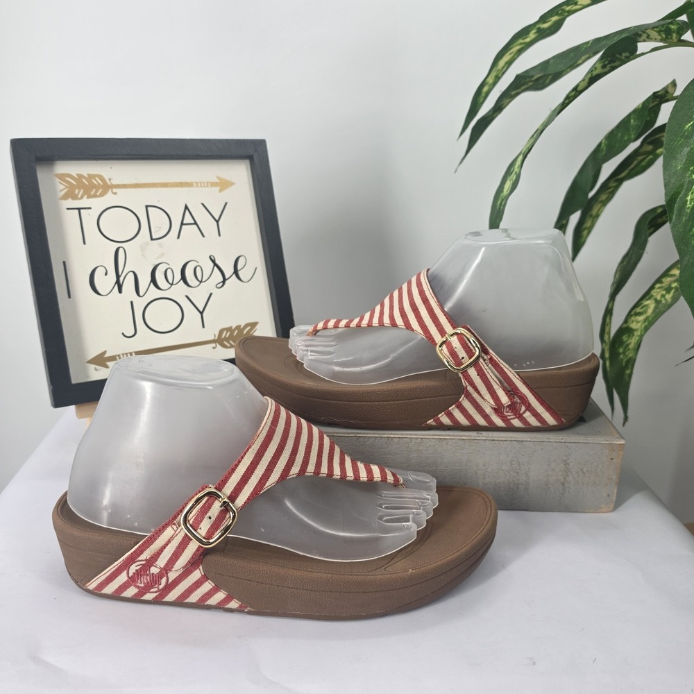 FitFlop The Skinny Sandal Thong Wedge Platform Stripe Red Nautical 550-002 Sz 9